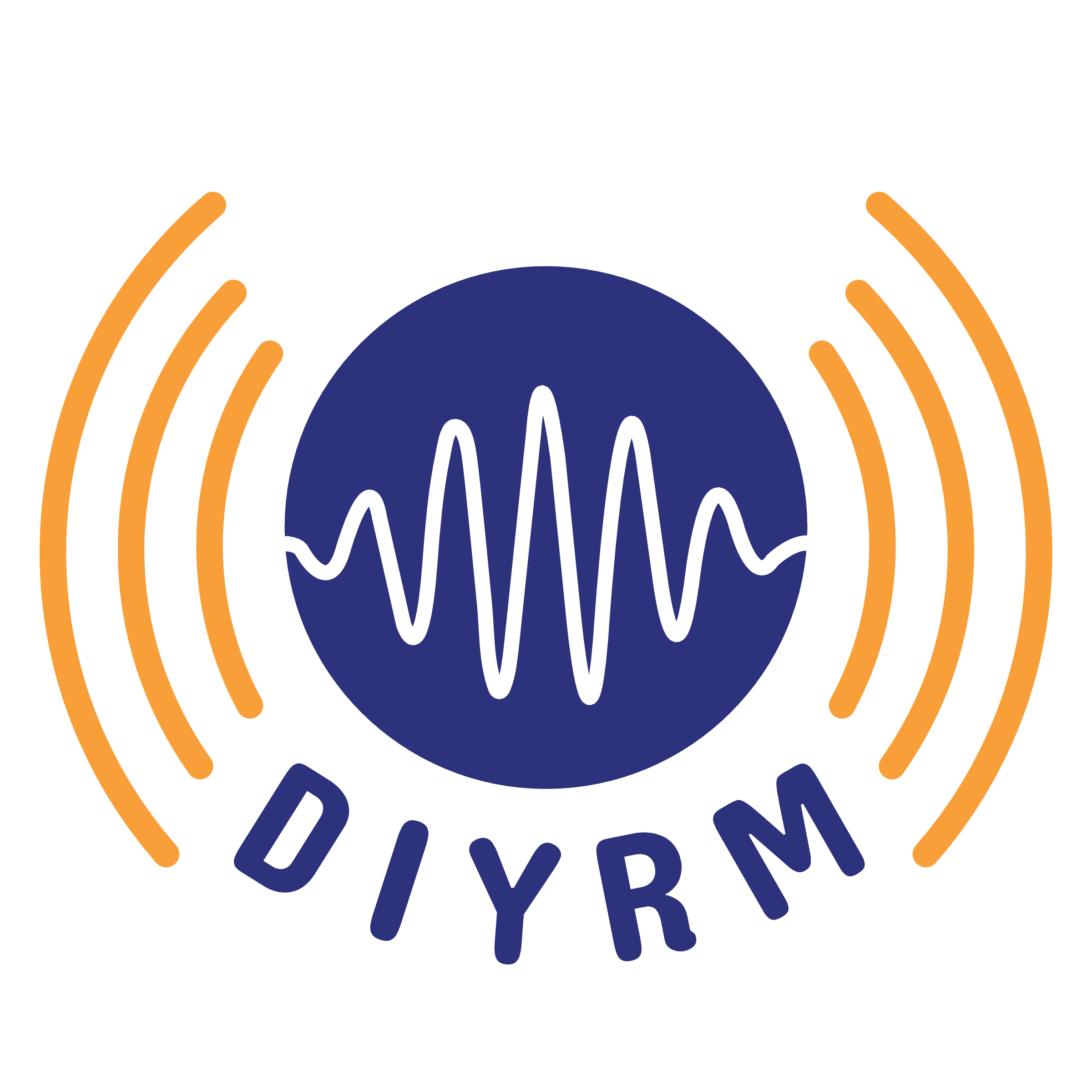 DIYM Logo. A blue circle with audio curve in the center. Surrounded by yellow arcs.